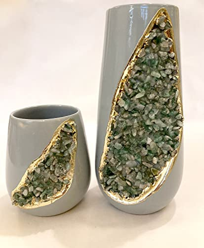 Grey and Gold Ceramic Vase/Planter/Pot/Wine Goblet/Mug with Light Green Semi - Precious Agate Crystal Gemstones |Large (Height 8 inches), (Gold - Finish)