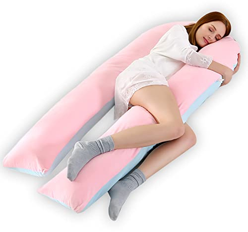 CALIYO Schwangerschaftskissen U Form, Seitenschläferkissen mit Bezug, Stillkissen groß, Pregnancy Pillow und Komfortkissen für Erwachsene (Hellrosa/Hellblau, Kristallvelour)