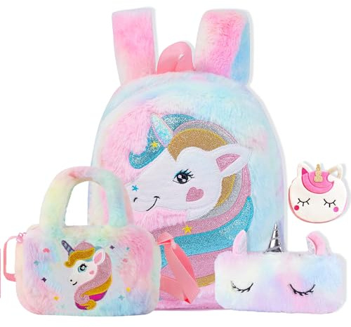 HOAQPPOY Sac à Dos Enfant Licorne 4 en 1 - Cartable Primaire et Maternelle Fille avec Trousse Scolaire