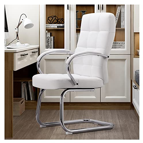 kontorsstol Executive Side Chair Professionell hög rygg och vadderad ekologisk lädersäte, fasta armar och svankstöd Slädbas besöksstol (Color : White)