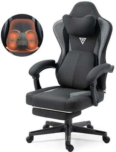 Vigosit Gaming Stuhl mit Beheizter Massage Lendenwirbelstütze, Stoff Gamer Stuhl mit Tasche Frühling Kissen und Fußstütze, Roß und Hoch Gamer 150 kg Belastbarkeit (Schwarz)