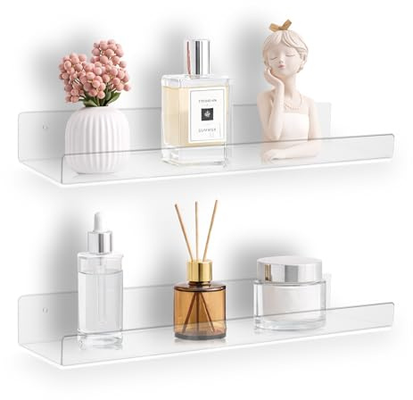 MAGOSIS Floating Shelves for Wall 38×10cm, Stick On No Drill Clear Acrylic Shelves, Self Adhesive Wall Mounted Shelves for Bedside, Dressing Table, Display & Compact Spaces, Set of 2