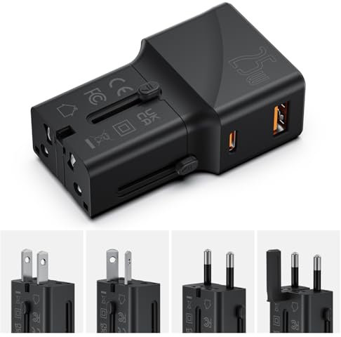 SooPii USB-C Gan Ladegerät 25 W, Reiseadapter weltweit, PD PPS & USB-A QC Schnellladegerät, All-in-One Steckdosenadapter für US UK EU AU, einsetzbar in über 200 Ländern, ideal für Reisen