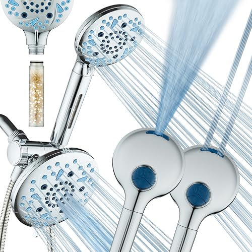 AquaCare - Soffione doccia doppio ad alta pressione a 6 vie, con filtro integrato e lavaggio elettrico, per pulire vasca, piastrelle e animali domestici, rimuove cloro, piombo e tossine dall'acqua per