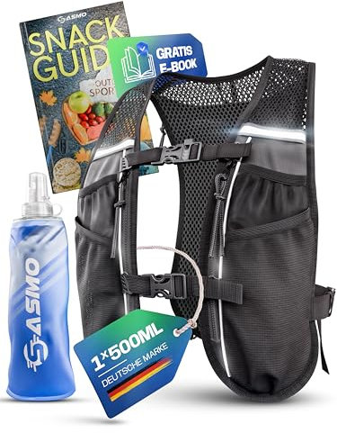 SASMO® Laufweste Damen & Herren 5L + 1x500 Soft Flask | Running Vest - Ultraleicht 270g & atmungsaktiv | Laufrucksack Damen - 8 Taschen | Laufweste Herren | Trinkweste Laufen | Trinkrucksack