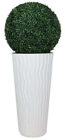 B4y Home dESING Buchsbaum Kugel Ø60cm künstlich mit Hoch Topf Pflanzkübel Gartendeko Terrasse Kugelbaum 130cm Gesamthöhe sehr groß wie echt (Topf weiß)