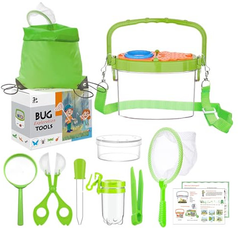 GmeDhc 11 Stück Forscherset Outdoor Spielzeug Set, mit Insektenfänger, Becherlupe, Mikroskop, Pinzette, Kordelzugbeutel Camping Naturerkundungen Geschenk für Junge und Mädchen ab 3 6 Jahre