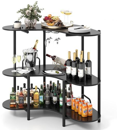 COSTWAY Tavolo da Bar 120 x 66 x 102 cm, Portabottiglie Vino a 3 Ripiani con Portabicchieri e Mensole di Stoccaggio, Isola Cucina Industriale per Bistro (Nero)
