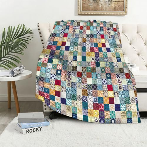 MAAPCHP Flannel Fleece Blanket Throws for Sofa Fluffy Blanket Bed Throw for Bedroom Floral patchwork tile design. Colorful Moroccan Mediterranean square tiles mosai Blanket for Bed, Couch,Car 50x60in