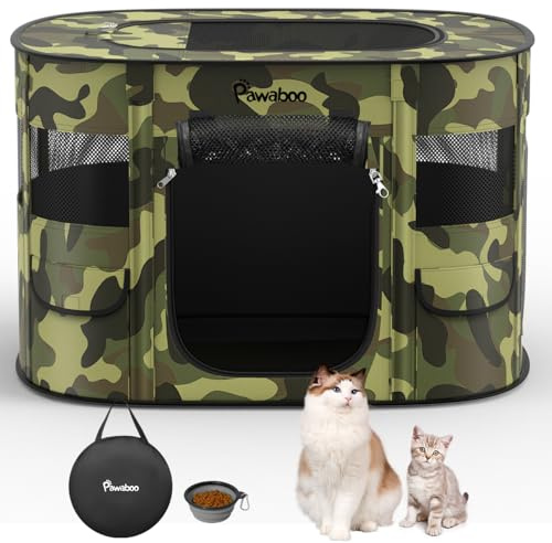 Dog Playpen, Portable Pet Cat PlayPen, 600D Oxford Dog Kennel Tent Crate, Waterproof&Breathable, Indoor Outdoor Travel Camping for Medium/Large Breed with Carrying Case+Bowl(L), Black Camouflage