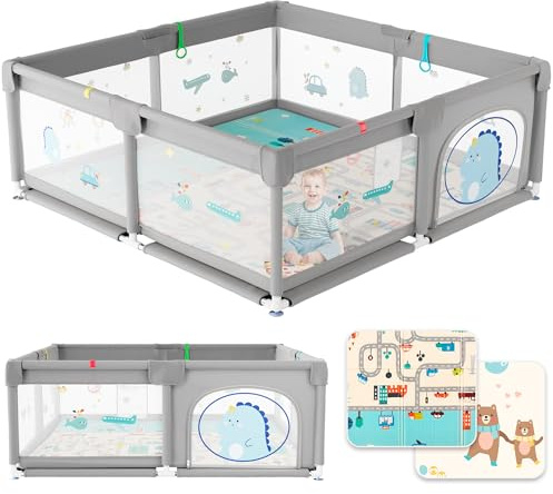 JUPPLIES Parque Infantil para Bebé XL 150x180 cm con Alfombra Puerta Lateral y Malla Transpirable, Estructura Metálica, Gris con dibujos - Corralito de Bebe - Baby Playpen