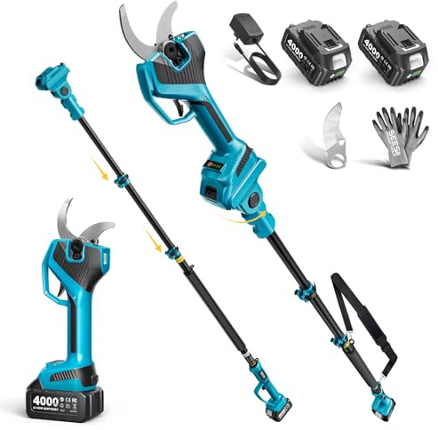 SEESII Sécateur Électrique Sans Fil Télescopique – 4,5 M De Portée, Sécateur Électrique, Coupe 55 mm, Éclairage LED De Travail, 2× Batteries 4.0Ah, 2-En-1 Pour Taille Des Arbres, Arbustes Et Haies