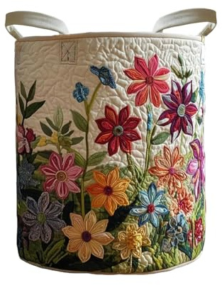 Boho-Wäschekorb mit Steppung, Aufbewahrungskorb aus Stoff mit Blumenmuster für Schlafzimmer, Waschküche, 16 * 22IN