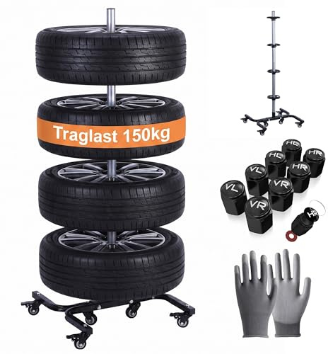 Relaxdays Reifenständer mit Rollen, für 4 Reifen mit Felgen, Reifenlager bis 150 kg, HBT: 130x50x50 cm, Stahl, schwarz