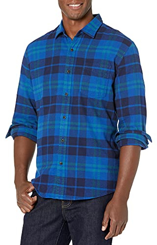 Amazon Essentials Men's Regular Fit Long-Sleeve Flannel Shirt, Soft Brushed Cotton, Lightweight yet Warm, Black Blue Plaid, XX-Large
