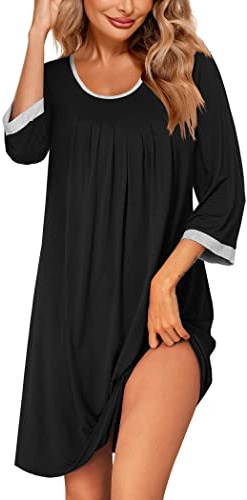 Ekouaer Womens Nightgowns O Neck Nightgowns for Women Short Sleeve Casual Sleepwear,Black XL