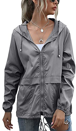 SotRong Veste pour femmes, coupe-vent, légère, rangeable, imperméable, pour plein air, vélo, course, avec fermeture éclair, capuche, séchage rapide, résistant à la pluie, gris foncé, XL