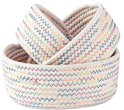 FQQWEE Lot de 3 petits paniers de rangement en corde de coton tissés blancs pour bureau, décoration ronde, paniers en corde de coton, plateaux pour entrée, bijoux, jouets, clés