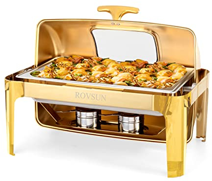 ROVSUN 9QT Chafing Dishes for Buffet, Roll Top Chafing Dish Buffet Set, Stainless Steel Buffet Warmer Chafers and Buffet Warmers Sets with Glass Window for Catering Events Parties Weddings, Gold
