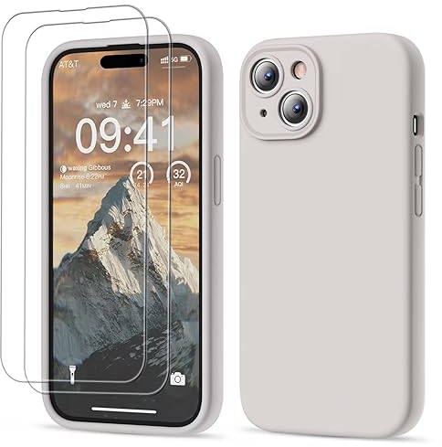 GOODVISH 3 in 1 für iPhone 15 Hülle Liquid Silikon, mit 2 Stück Schutzfolie [Upgraded Kameraschutz] Soft Mikrofaserfutter Handyhülle Kratzfest stoßfeste Schutz Case für iPhone 15 6.1, StoneGrey