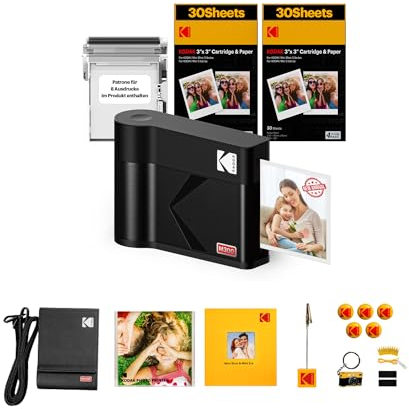 KODAK Mini 3 ERA 4PASS Mobiler Fotodrucker (7,6x7,6cm) Fotodrucker + Gift Paket + 8 Blatt im Lieferumfang enthalten + 60-Blatt-Patrone, Schwarz