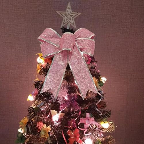 SpirWoRchlan Large Wired Glitter Bows for Christmas Tree Decoration - Decorative Xmas Decor Wreath Ornament in Pink