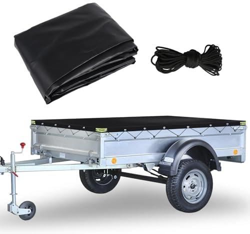 Anhängerplane Flachplane Wasserdicht 207x114x10 cm, 420D Oxford Tuch PVC Hochplane mit Planenseil, PKW Anhänger Plane Abdeckung für viele 750kg Hänger, Autoanhänger Abdeckplane (Schwarz)