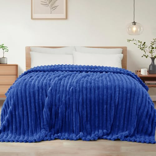 Exclusivo Mezcla Double Size Flannel Fleece Blanket, Super Soft Striped Jacquard Bed Blanket, Lightweight Fuzzy Cozy for All Seasons, 150x200 CM, Cobalt Blue