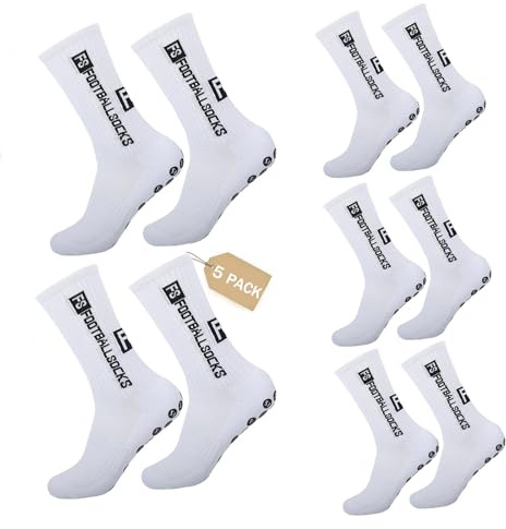 Nnicorns 5 Pairs FS Calzettoni Calcio Uomo, Grip Calze Antiscivolo Uomo, 39-46 Traspiranti Calzini Antiscivolo Calcio da Basket, Running, Ciclismo e Tennis Calcio Accessori (Bianco)