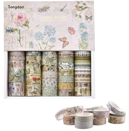 Mocrop 36 Rollen Vintage Washi Tape Set 6 Größen Bullet Journaling Pflanze Insekt Washi Bänder Scrapbook Papier Aesthetic Sticker DIY Handwerk für Tagebuch, Planer, Scrapbook, Exquisite Geschenkbox