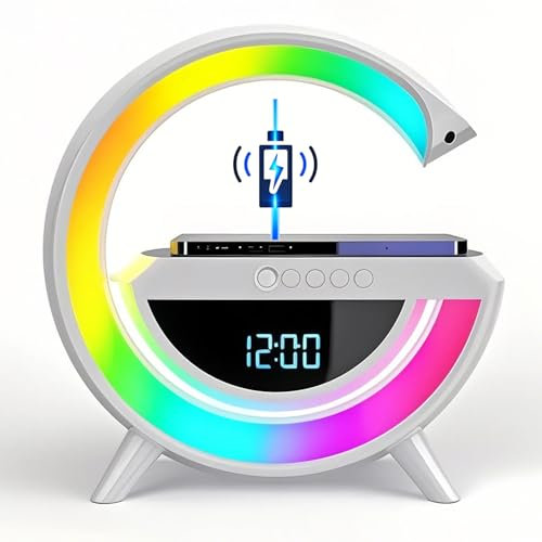 LTDOOIT Sovrum bord med trådlöst laddningsstativ uppladdningsbart batteri, 4-1 högt trådlös högtalare RGB nattlampa för vardagsrum modern, klocka sovrum dekor för tonåring pojke flicka gåvor