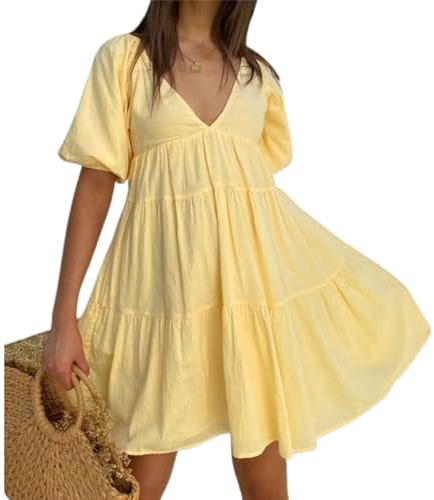 Women's Summer Maternity Dress Puff Sleeves Sweetheart Neck Ruffled Hem Loose A-Line Mini Dress Pregnancy Clothes (A-Yellow, M)