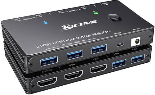 YOUTINGHDAV KVM Switch HDMI 8K@60Hz 4K@120Hz, KVM Switch 2 PC 1 Monitor HDMI2.1 con 3 dispositivi USB 3.0, HDR 10, HDCP 2.3, cavo remoto, adattatore di alimentazione da 12 V e 2 cavi USB 3.0