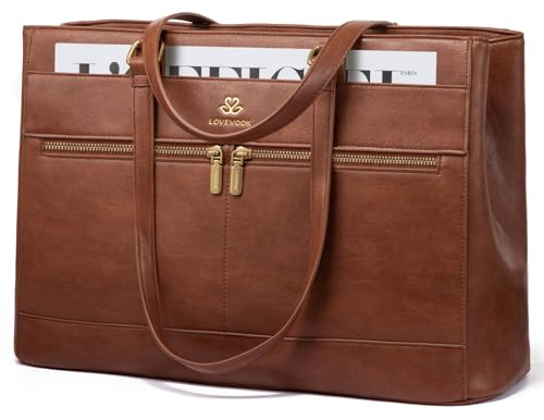 LOVEVOOK Borsa a mano da donna per computer portatile, borsa da lavoro, borsa per insegnanti, borsa per la shopper in pelle PU, borsa da lavoro, borsa per laptop per ufficio, università, 1-marrone