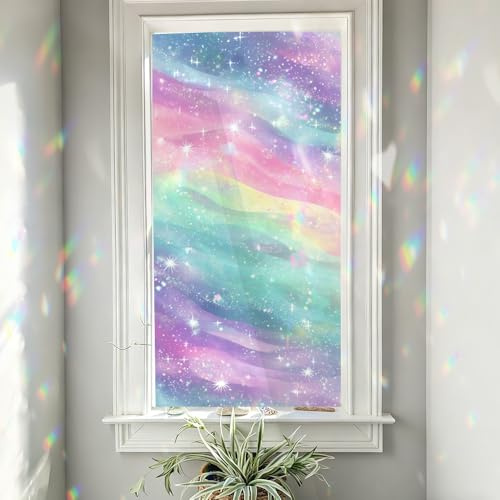 Stained Glass Window Film Window Film 39×17 Inch Pastel Rainbow Galaxy Wall Decals with Sparkling Stars Shimmer Gradient Colors Dreamy Sky Effect Decorative Window Film