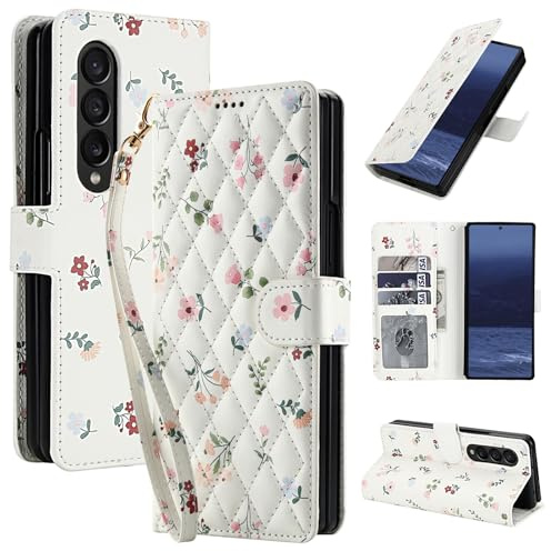 For Samsung Galaxy Z Fold 4 Wallet Case with Detachable Wrist Strap - Faux Leather & TPU, Magnetic Closure, 3 Card Slots, Cash Pocket, KickStand, Shockproof, Anti-Fingerprint Floral Print(Flower No.1)