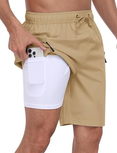 MoFiz Vattentäta badshorts för män snabbtorkande 2-i-1 badbyxor för män med kompressionsfoder strandshorts med ficka med dragkedja, kaki, 4XL