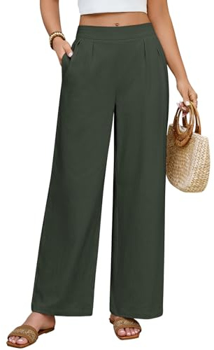 PASUDA Pantalon Fluide Femme Été Coton Chic Leger Large Taille Elastique Décontractés en Tissu Confortables Plage avec Poche (Vert, L)