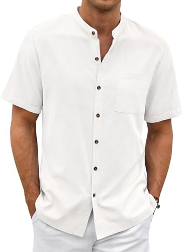 Lonya Hommes Chemises Manche Courte Chemise Lin Casual Été Solid Henley Shirts Col Mao Homme Chemisette Leger Plage Régulière Classique