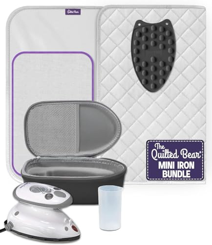 The Quilted Bear Premium Mini Iron and Portable Ironing Mat Bundle, Black | Small Travel Steam Iron, 400W Dual Voltage, Heat-Resist Ironing Mat, Silicone Iron Rest, Hardshell Case for Holiday, Quilting
