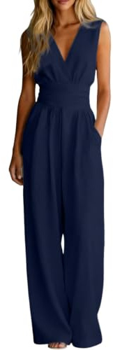 Combinaison Femme Ete chic et Élégante Pantalon Large Taille Haute Ensemble Col V sans Manches Jumpsuit Longue Fluide Décontracté Pants Avec Poches Pour Travail Bureau Soirée Mariage Vacances Plage