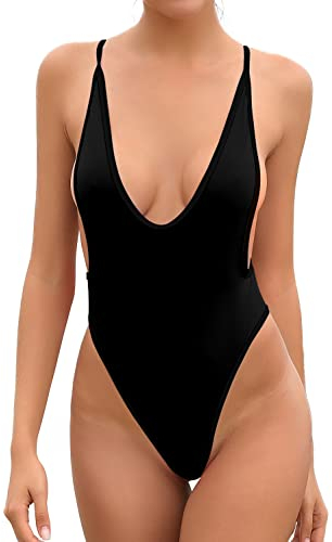 SHEKINI Damen Einteiliger Badeanzug V Ausschnitt Rückenfrei Bademode Brasilien Tanga Hoher Schnitt Monokini Strandmode Swimsuit(Klein,Schwarz)