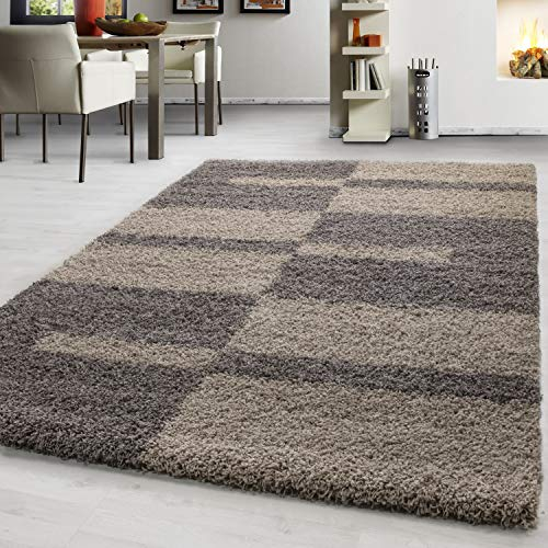 Teppium Moderner Hochflor Teppich Wohnzimmer 120 x 170 cm Taupe - Shaggy Flauschiger Teppich, Extra Weich, Pflegeleicht und Kariertes - für Schlafzimmer, Küche und Esszimmer