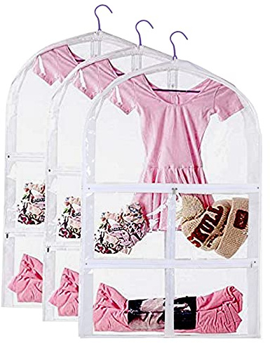 3 Packs Clear Kids Dance Costume Garment Bags,Garment Bag 35 Inch for Dance Competitions,Foldable Travel Storage Cover Bag with 3 Zipper Pockets