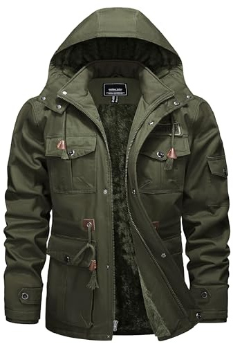TACVASEN Uomo Winter Militare Giacca in Pile Cappotto con Cappello Staccabile, Verde, L