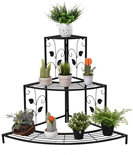 S AFSTAR Corner Plant Stand, 3-Tier Mental Plant Stand, Plant Flower Pot Display Rack, Pot Holder Shelf, Rustproof Ladder Potted Shelf, Outdoor Plant Stands for Patio Garden Yard Balcony (Black)