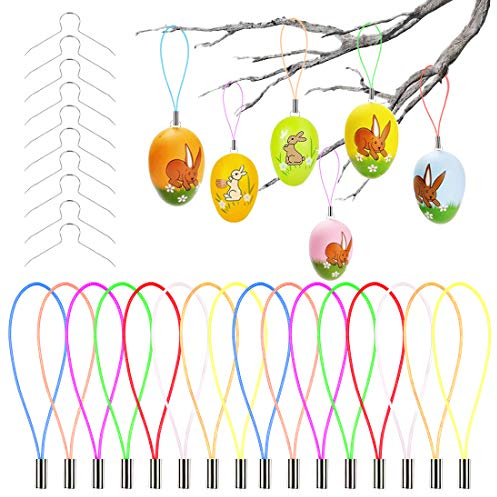 Bluelves 120 Stück Aufhänger für Ostereier +120 Stück Bunte Schnur, Deko Eieraufhänger Kugelaufhänger Ostern Eier, Metallhaken Haken für Kunststoffeier, Plastikeier zur Deko Ostern