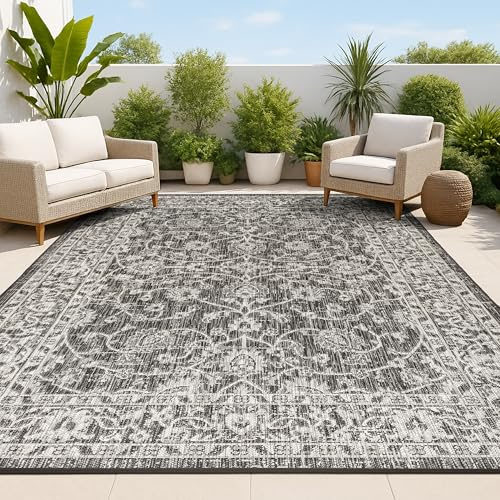JONATHAN Y Vine and Border Indoor Outdoor Area Rug 9X12 Black/Gray, Palazzo Textured Weave for Backyard, Patio, Porch, Easy-Cleaning, High Traffic, Pet-Friendly, Non-Shedding (SMB103C-9)