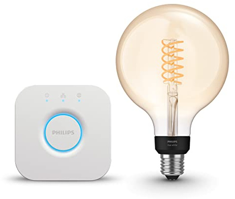 Philips Hue Starterpaket - E27 - mit 1 Filament Edison Glühbirne Groß (ST72) - Warmweißes Licht - inkl. 1 Hue Bridge - Hue White Filament