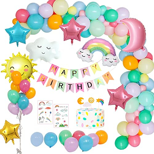 weeyin Geburtstagsdeko Mädchen, Pastell Deko Geburtstag Mädchen Happy Birthday Girlande, Regenbogen Wolken Geburtstags Dekoration Luftballons für Kinder geburtstagsdeko Mädchen Babyparty Mehrweg